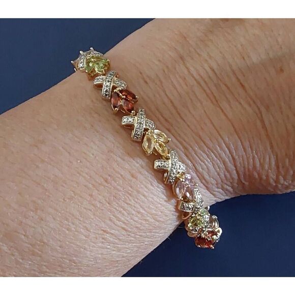 Gorgeous 18K/925SS "XO" Diamond Accent Multi-Gemstone Tennis Bracelet - Picture 1 of 4